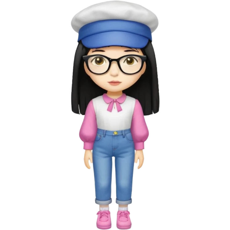 A yellow-skinned girl with long straight black hair, flat bangs, black frame glasses, a white puffy sleeve doll shirt, blue jeans and pink shoes, and a black painter's hat. emoji