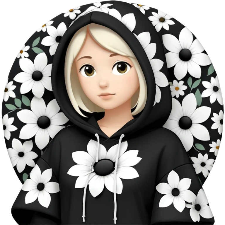 "Generate a black hoodie with scattered medium-sized black and white flowers. Each flower should have a bold, thick white ring as petals with a completely hollow center, creating an open, circular appearance. The flowers should be irregularly shaped, not symmetrical, and spread across the hoodie, including the sleeves and hood. Avoid detailed petals, shading, or filled centers—just simple, bold, hollow ring-like floral patterns emoji