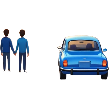 A parked blue car sits quietly on the side of an open road, facing a breathtaking sunset. Two people stand outside, backs turned, watching the horizon. The road stretches endlessly ahead, surrounded by a peaceful, glowing landscape full of light, warmth, and possibilit emoji