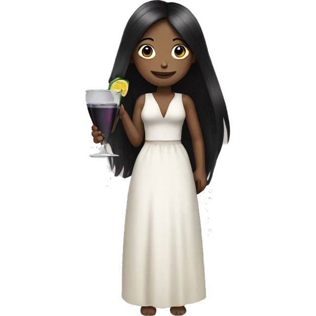Pale girl with long black hair with chest holding cocktail emoji