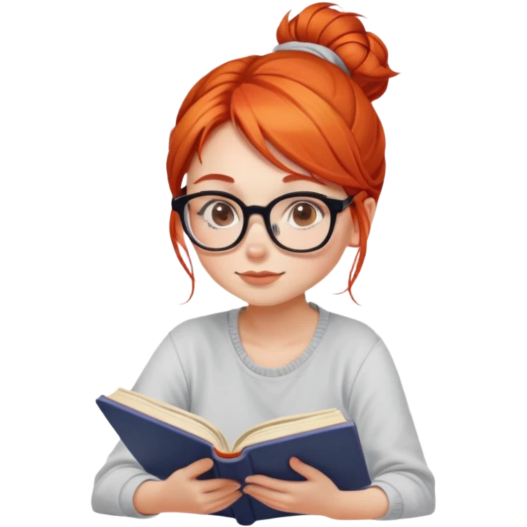 cute girl with red/orange hair sitting reading a book with hair in messy bun and glasses on emoji