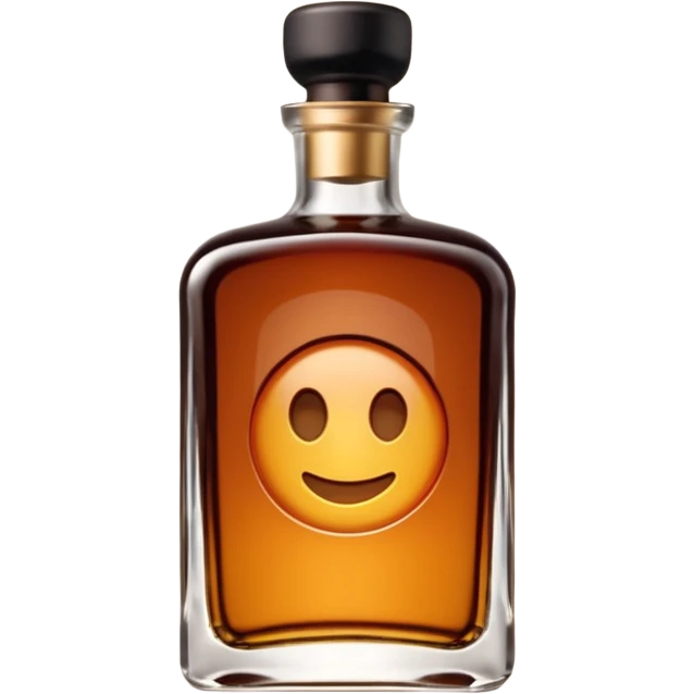 short square-shouldered glass bottle filled with rich amber-brown liqueur, dark glossy glass, wide black or dark brown cap, compact elegant silhouette, no label, no garnish, sealed bottle, soft lighting, subtle shadows, emoji scale emoji