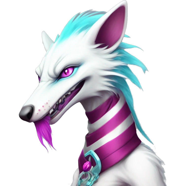 White elegant beautiful natural cute badass epic anthro modern albino sergal-vernid-Fakémon with cyan mane and magenta eyes with cyan edgy stripes, anthropomorphic, two-legged, digitigrade, full body emoji