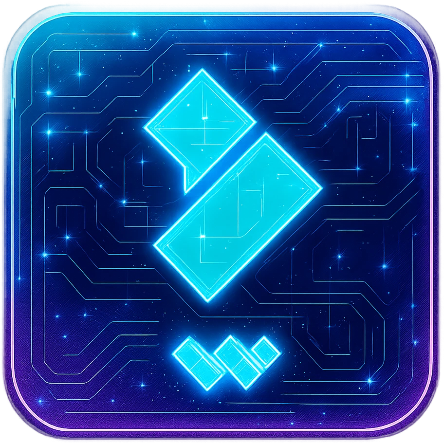 Transform the Wondershare Filmora logo into a cyberpunk style matching the folder icon's look. Use a solid, filled-in dark blue square with rounded corners as the background, just like the original icon. Center the Filmora logo inside the square, maintaining its original colors and shapes. Overlay strong neon blue and pink glow, holographic circuit patterns, and a luminous effect across the entire square and logo. Keep the style flat, clean, and futuristic without 3D shading. The area outside the square should be transparent. emoji