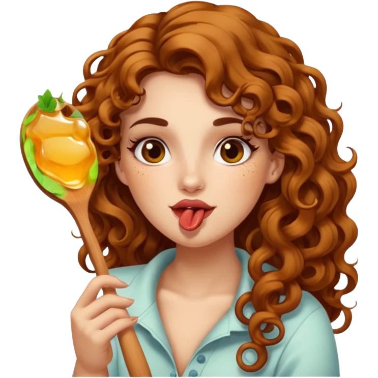 portrait woman long curly brown hair brown eyes white skin tattoos licking honey from wooden spoon, flirty emoji