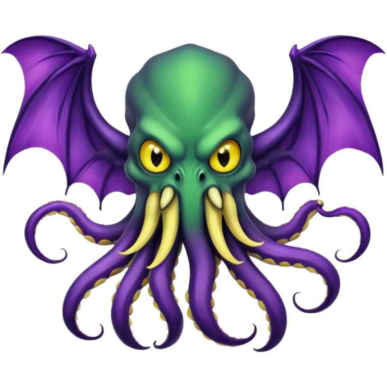 deep green Cthulhu with purple bat wings and purple gradient tentacles. Yellow angry eyes. yellow suckers on tentacles. dramatic ominous shading. two saber-teeth emoji