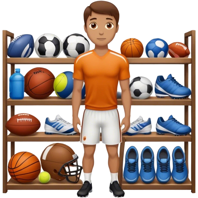a white  salesman with brown hair standing next to a shelf where sports equipment is placed emoji