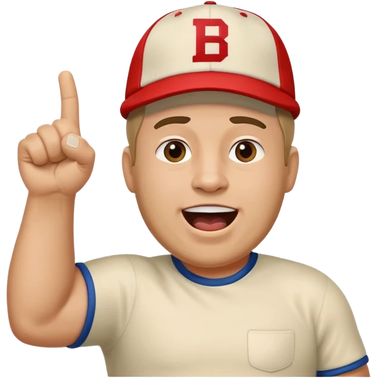 A stocky man with a cap backward, shouting proudly while pointing the foam finger upward. emoji