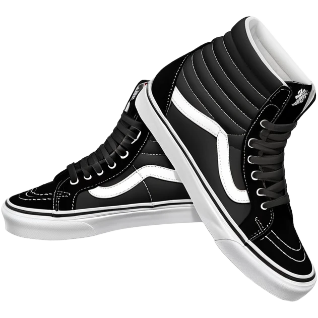 Pair of black Vans Sk8-Hi high top sneakers with white stripe, one positioned behind the other, showing the signature side stripe, black canvas and suede emoji
