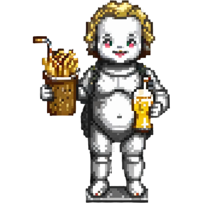 Belgian Manneken Pis statue holding a beer in one hand and fries in the other, pixel art emoji