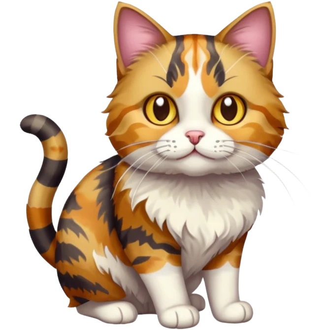 full body colourful light patched calico tabby cat with hazel eyes playing emoji
