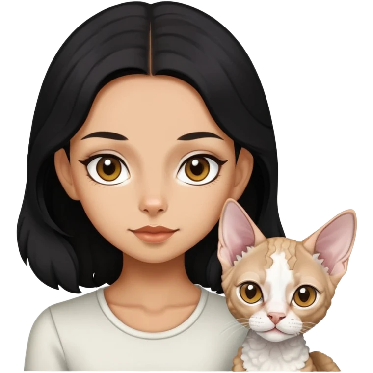 a  girl with black long hair with a white devon rex  emoji