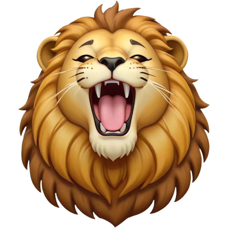 Cinematic Cute Yawning Lion Portrait Emoji, Head tilted slightly with a dramatic, wide-open yawn, showcasing a soft, downy tawny Fur with a majestic mane, floppy ears slightly drooping, round amber eyes barely open in drowsy contentment, Simplified yet irresistibly adorable features, highly detailed, glowing with a soft, cozy glow, high shine, relaxed yet expressive, stylized with a touch of savannah whimsy, bright and endearing, soft glowing outline, capturing the essence of a sleepy yet affectionate lion, so drowsy it feels like it could stretch out of the screen and curl up for a nap! emoji