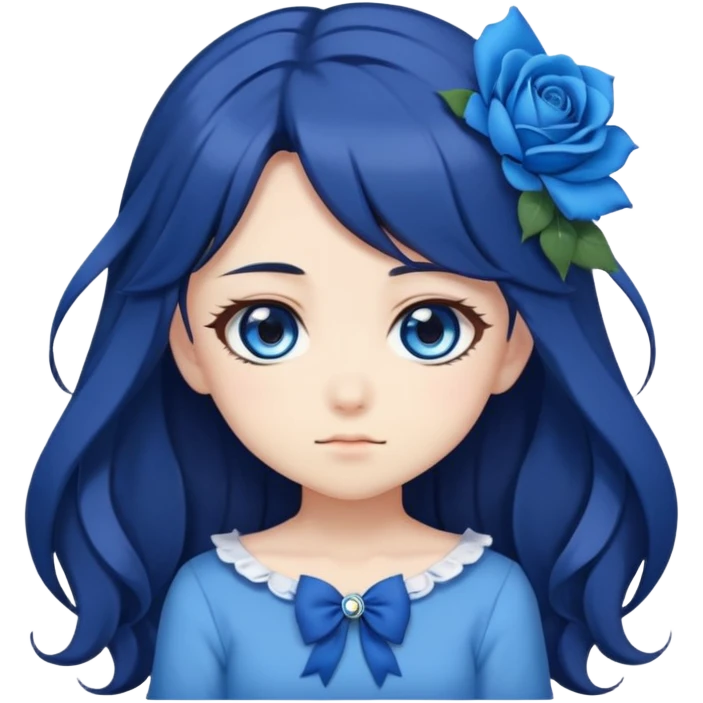 cute anime girl emoji, long dark hair, blue rose hair accessory, big blue anime eyes, chibi anime style emoji