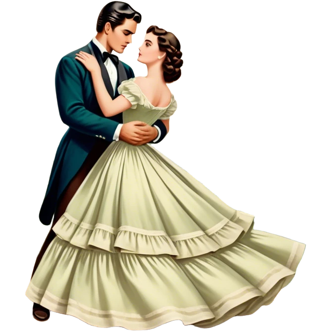 Icon for Romance Movie: A vintage movie poster-style design inspired by Gone with the Wind. Include romantic, sweeping imagery like Scarlett O'Hara in a flowing dress, Rhett Butler, a plantation backdrop, and fluttering wind-blown fabric. Soft, nostalgic cinematic feel. Transparent background. emoji