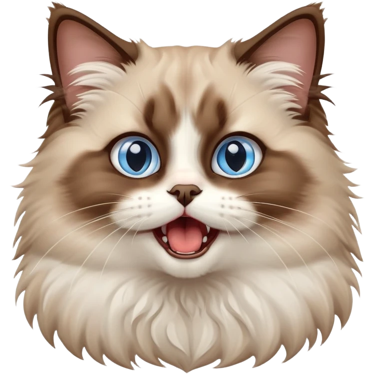 cinematic-adorable-big-eyed-fluffy-brown ragdoll-cat-portrait-emoji,-head-tilted-playfully-with-a-cute,-yawn,-white and brown fur,-simplified-yet-irresistibly-cute-features, blue eyes emoji