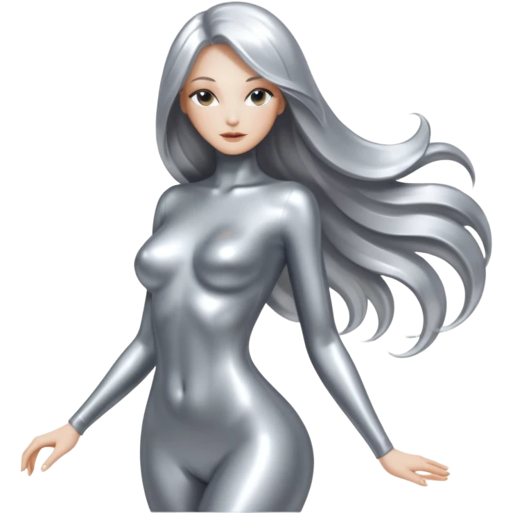 abstract sensual body silhouette, liquid silver chrome, smooth curves and posing, long metallic chorme hair emoji