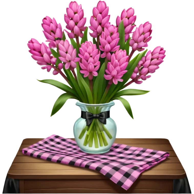 A lush bouquet of bright pink color Hyacinths black satin ribbon, resting on an antique wooden table, with a pale yellow and pink plaid pattern table cloth emoji