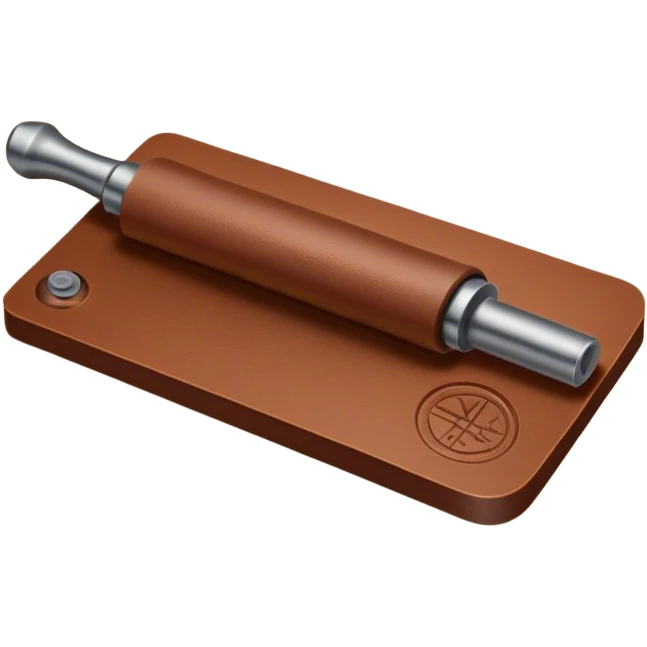 Leatherworking icon, big rolling piece of raw leather with started engraving, engraving tool or chisel, stamp or press, textured surface, minimalistic style, clean lines, transparent background. emoji