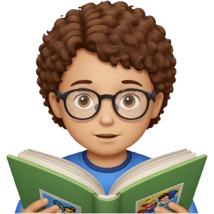 little boy with brown curly hair, wearing glasses, reading comic book emoji