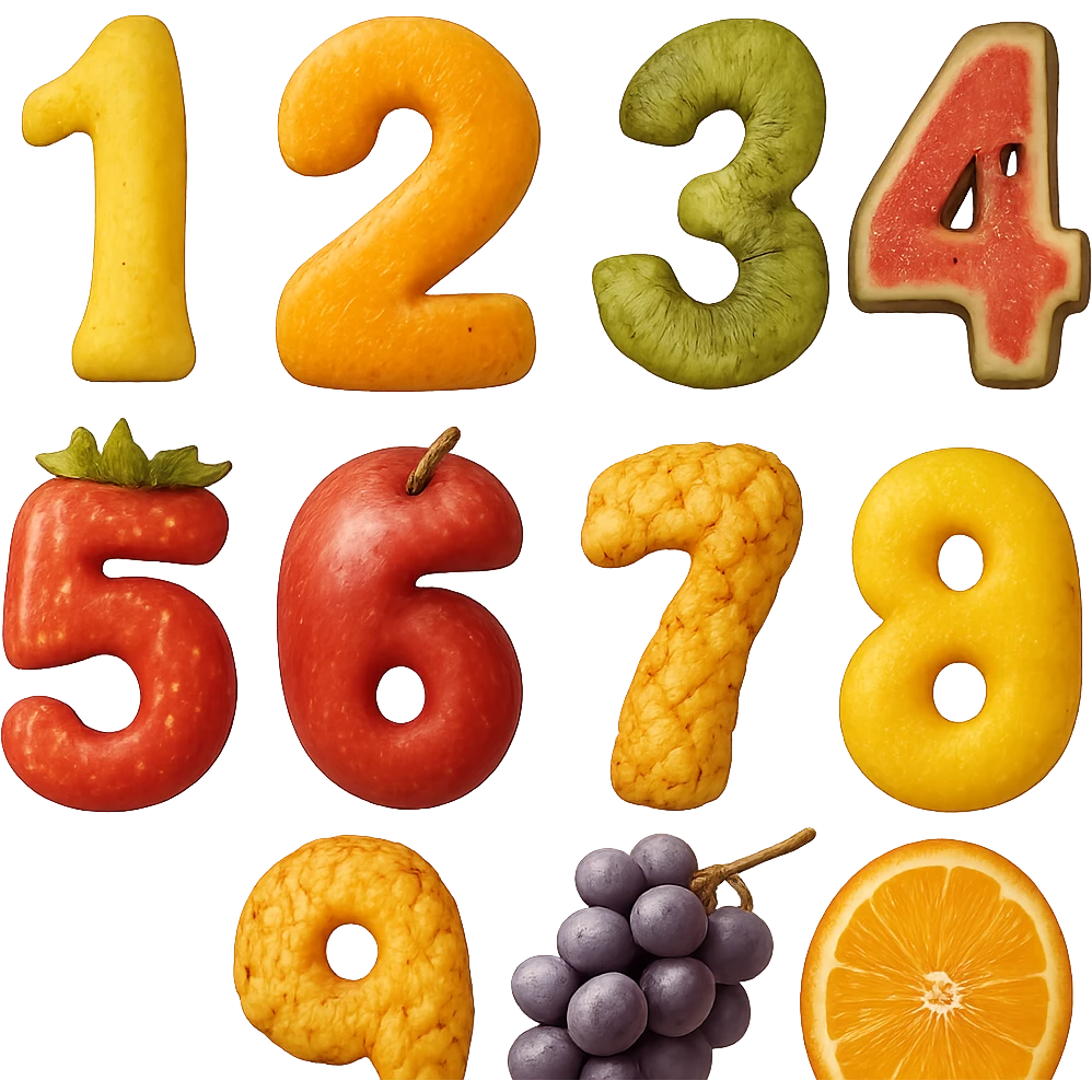realistic textured numbers made out of fruit emoji
