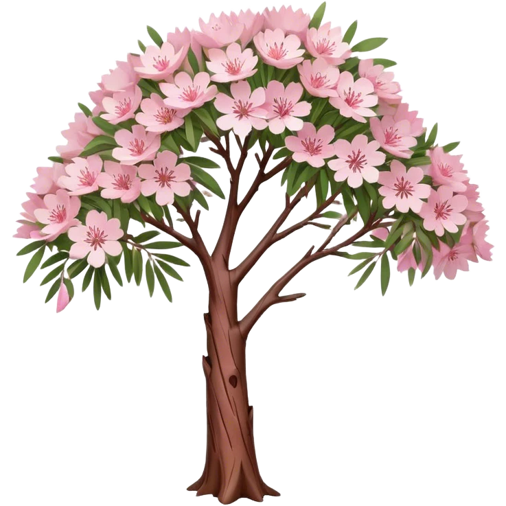 Cinematic Realistic Melaleuca Emoji, Elegant and resilient, with peeling, papery bark and delicate, needle-like leaves. The tree stands tall and graceful, with clusters of white and pink flowers dotting the branches. Soft glowing outline, capturing the essence of natural elegance and resilience in a beautiful melaleuca tree! emoji