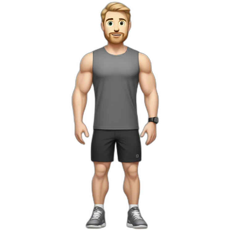Full height Pale skinned fit man With biceps, Realistic eyes and mouth, light brown hair and stubble In dark gray sleeveless mike, black oversize sports shorts, watch and white sneakers. emoji