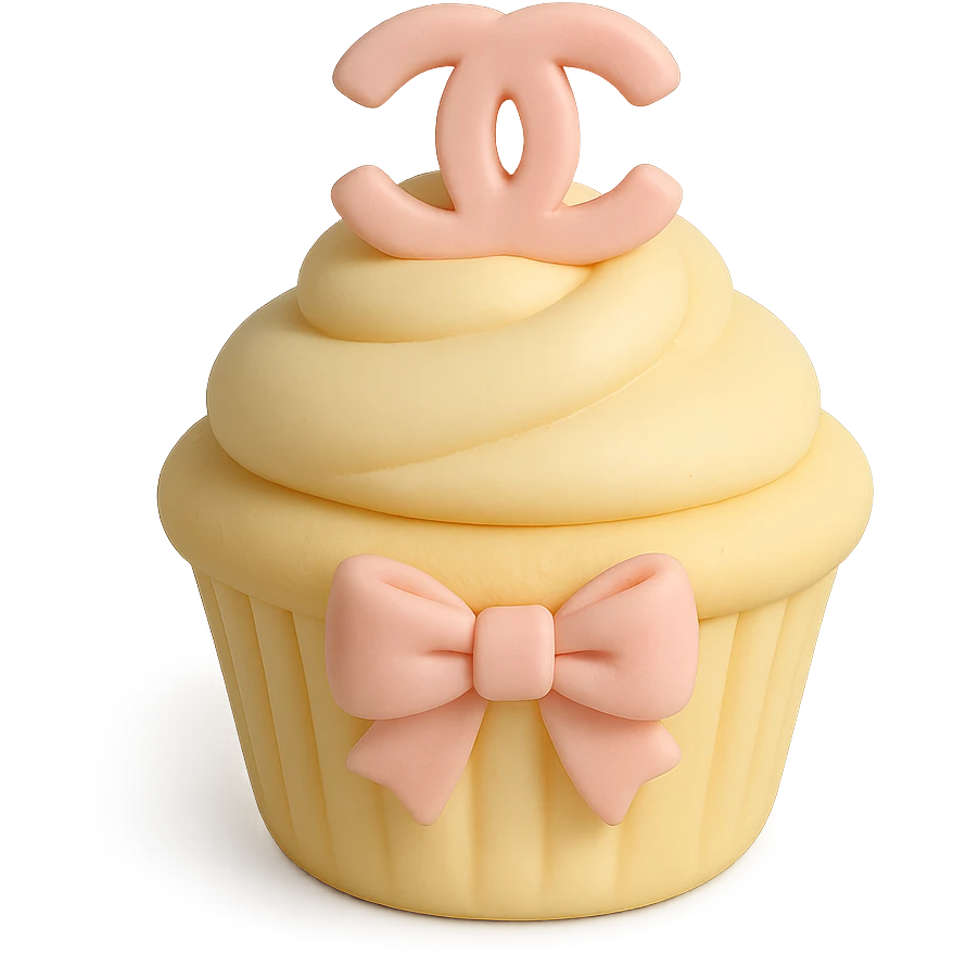 pastel yellow Chanel cupcake with a pink bow and logo emoji