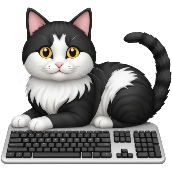 black and white cat laying on computer keyboard emoji
