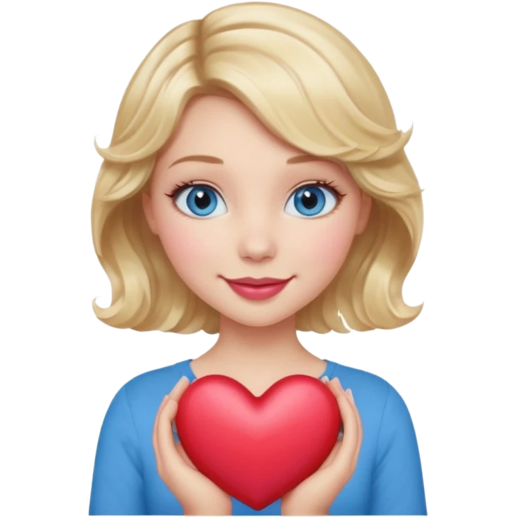 Girl Blonde short wavy hair,  blue eyes, cute blue top, long lashes, pink lips, smiling, holding a big heart emoji