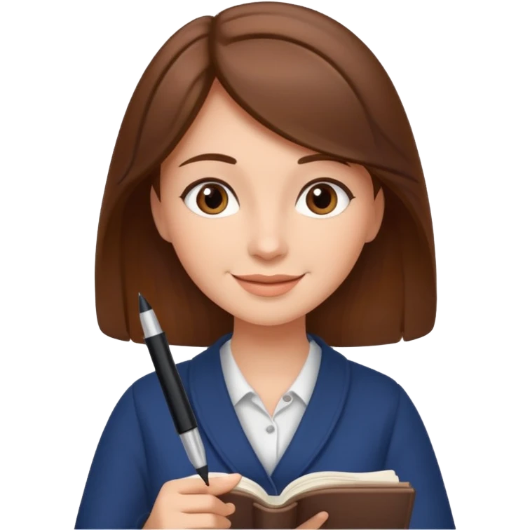 happy woman with brown hair writing a book emoji