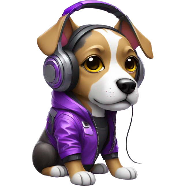 cyberpunk dog hightech with headphone wearing glowing purple jacket emoji