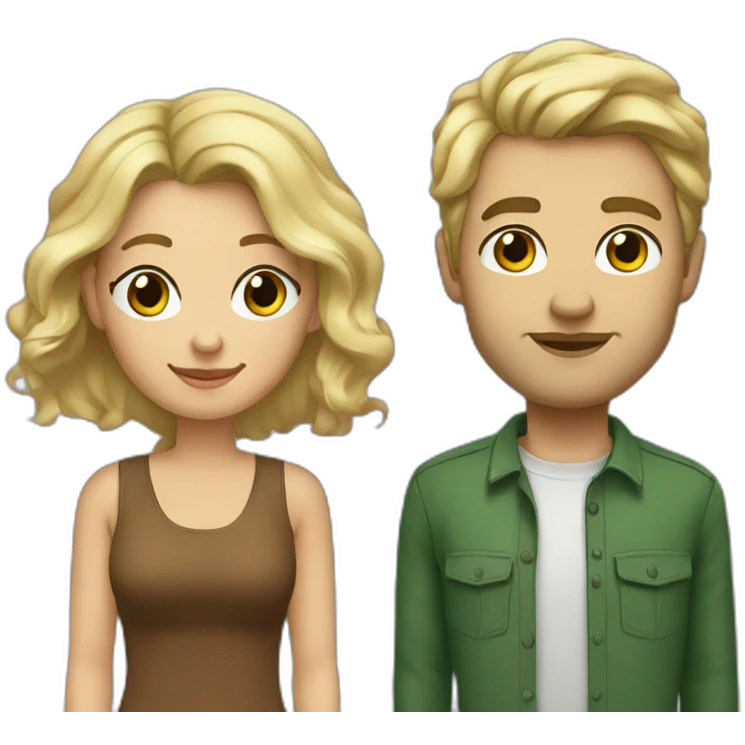 An american couple. The woman is blonde and has blue eyes and long wavy hair. The man has brown, short hair, his left ear is perced. His eyes are green emoji