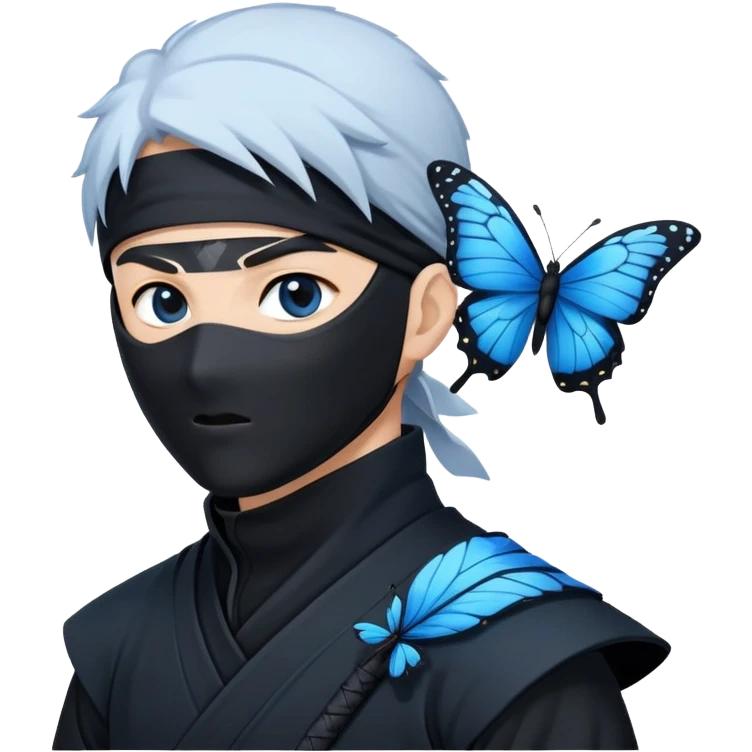 Emoji  con estos dos emojis 🦋 🥷🏻.
Ninja vestido de negro con los ojos de color negro y la piel blanca y con la mariposa azul posada en su hombro izquierdo como si estuviera volando en su hombro. emoji
