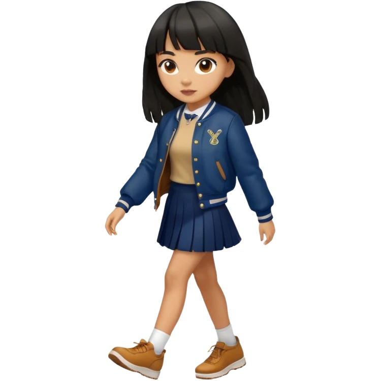 black color long hair with fringe, light skin long hair girl with brown varsity jacket,  navy long skirt walking

 emoji