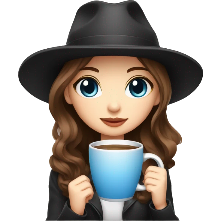 A girl with brown hair with blue eyes in a black panama hat holds a mug.chibi style emoji
