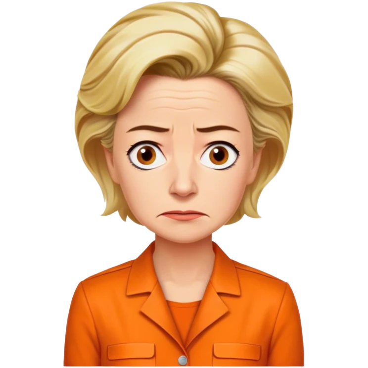 Make a picture of 'Ursula von der Leyen' wearing an orange jumpsuit make her look worried but only about herself emoji