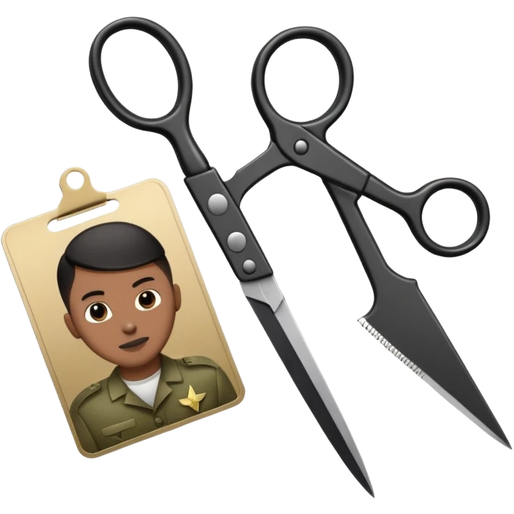 Floating black Scissors cutting an idf soldier ID card in 2 parts .hyper realistic emoji