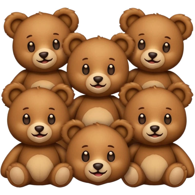 Group of identical brown teddy bear emojis, but one or two have different shaped ears or holding a small object” emoji