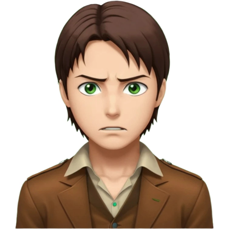 “Make him look like Eren Yeager S3 — long brown hair tied back, strong jawline, sharp green eyes, that cold, intense Eren vibe.” emoji