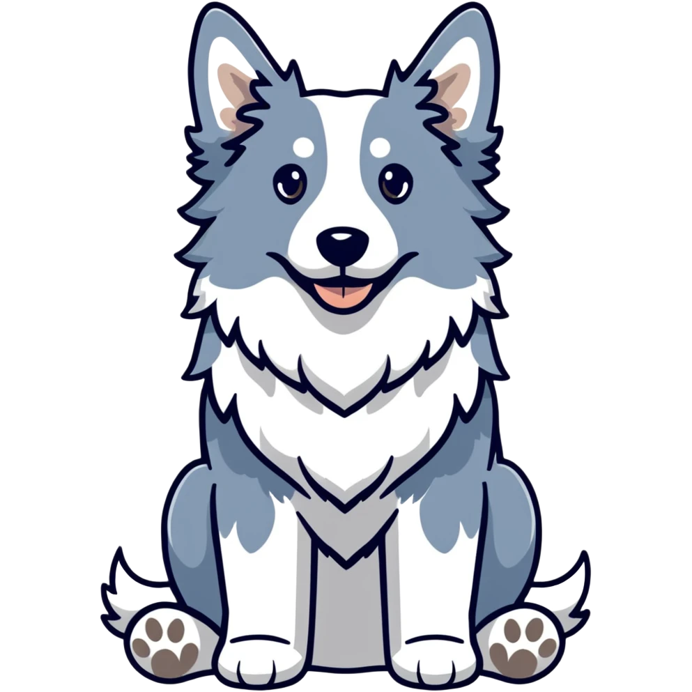 A merle border collie dog sitting, with blue and gray spotted coat, alert ears, and friendly expression emoji