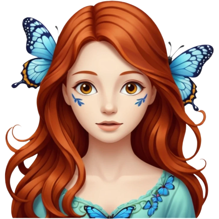Woman with long flowing auburn hair wearing a butterfly emoji