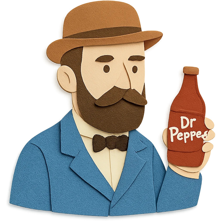 Charles Alderton holding a Dr Pepper in paper craft style emoji