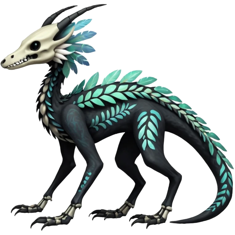 Rare realistic skeletal tribal patterned whitish pastel colorful iridescent shiny glossy feathery epic handsome gorgeous aesthetic black-skulled Vernid-Trico-Sergal-Salandit-Nargacuga-species-Fakemon-creature by LiLaiRa, 4 legs, 1 tail, random markings, (full body) long ears emoji