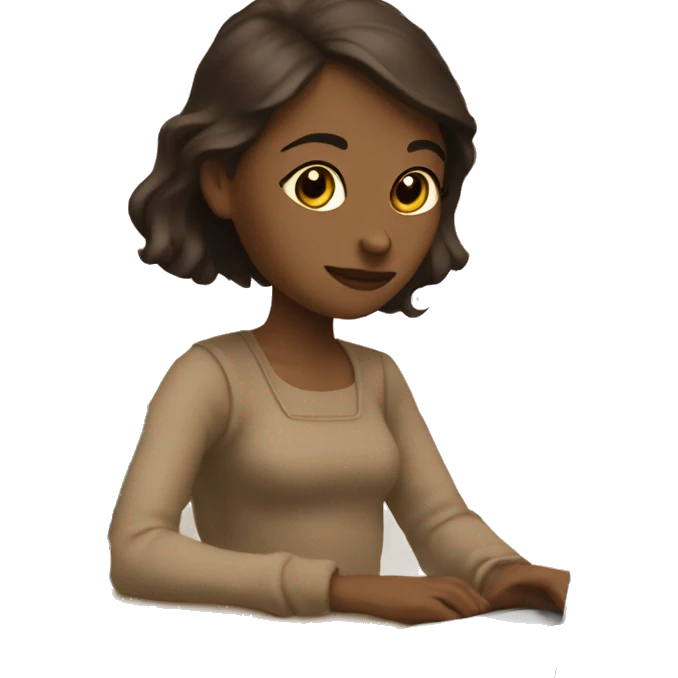 A girl at a table with a laptop. A a cup of coffee on the left side of the table. Books on the right side of the table. in beige tones emoji