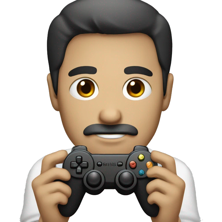 dark hair dark eye man with short mustache holding game controller emoji