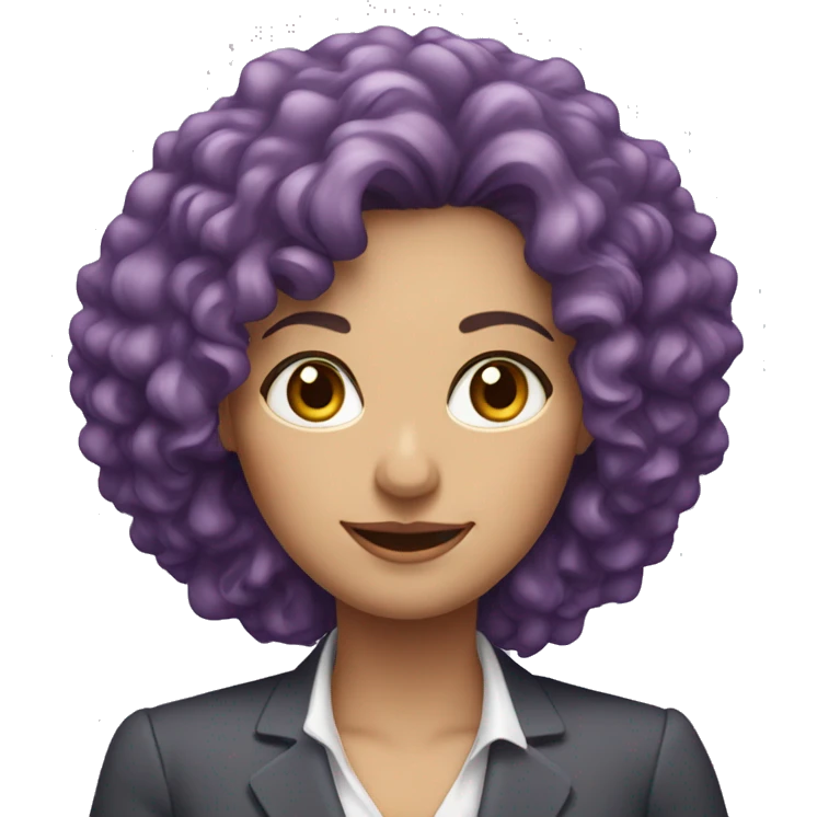 European, purple curly hair, woman, middle-aged, professional attire. emoji