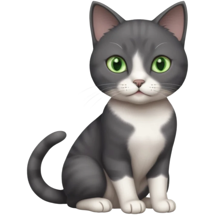 beautiful female solid dark grey cat with green eyes, white toes/paws and white patch on her chest playing emoji