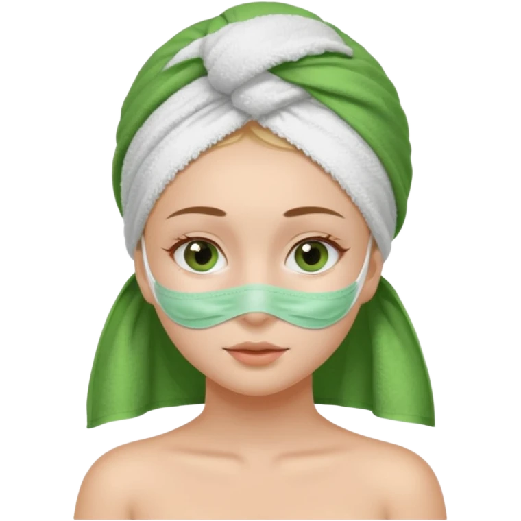 Una chica con una toalla en la cabeza y en el cuerpo y con una mascarilla facial  emoji
