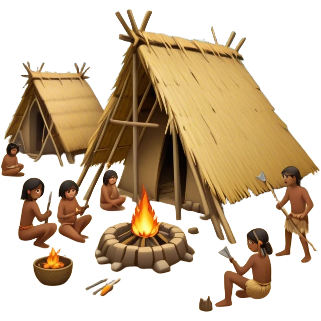 Primitive tribe building a settlement. Huts made of wood and straw, people using basic tools, fire pits, and a dense forest surrounding them emoji